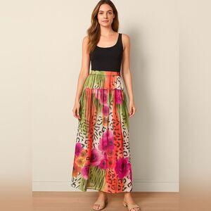 New Boston Proper Floral Animal Affair Leopard Maxi Skirt Boho Size 8 Side Zip